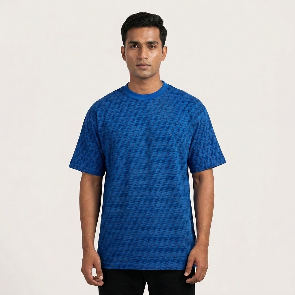 Cobalt blue oversized tee with an all-over geometric print for a subtle textured look. Relaxed, dropped-shoulder fit in soft premium cotton — a streetwear staple that pairs effortlessly with black bottoms.