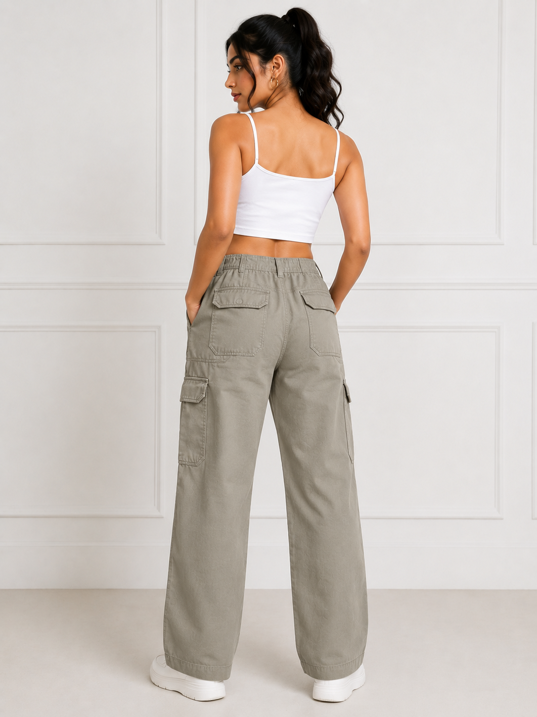 Women's Wide Leg Cargo Pants – Beige - Image 2