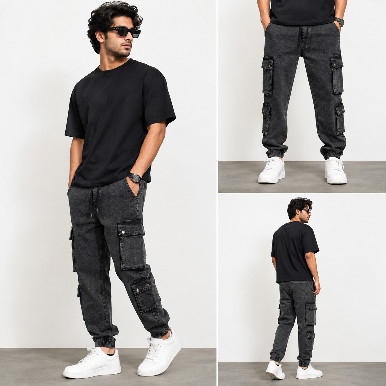 Amoga Men's Premium Black Washed Cargo Jogger Pants - Image 2
