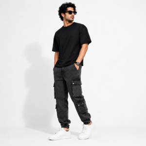 Amoga Men's Black Washed Cargo Jogger Pants with Multiple Utility Pockets and Elastic Waistband