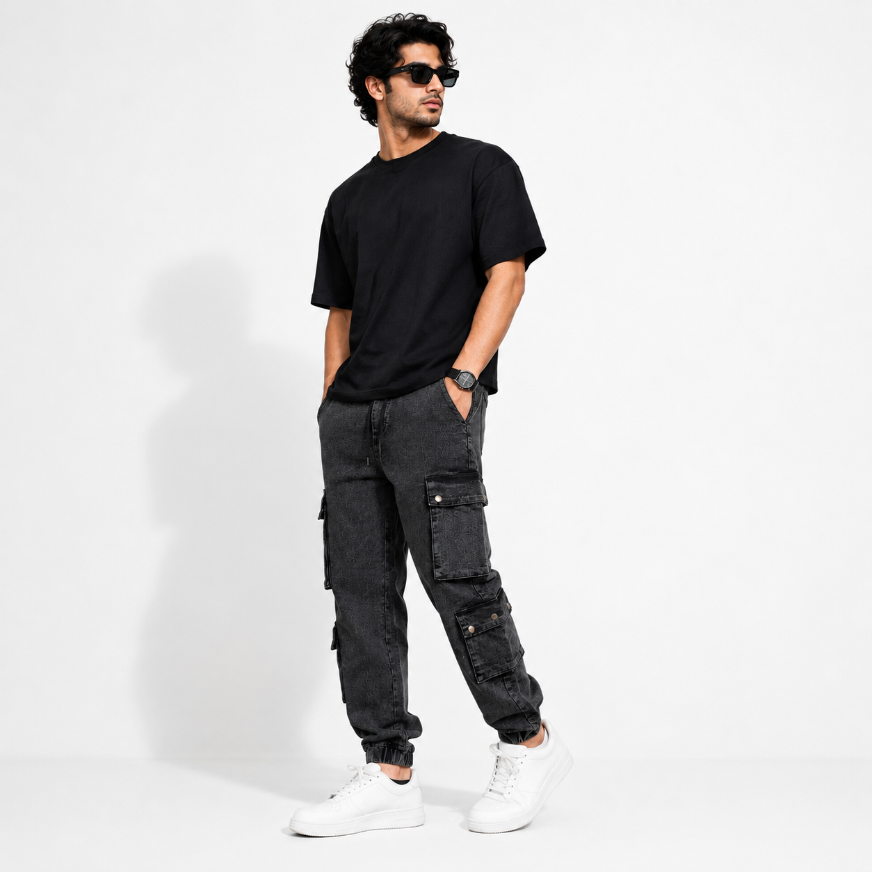 Amoga Men's Black Washed Cargo Jogger Pants with Multiple Utility Pockets and Elastic Waistband