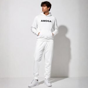 AMOGA white tracksuit set flat lay, hoodie and joggers