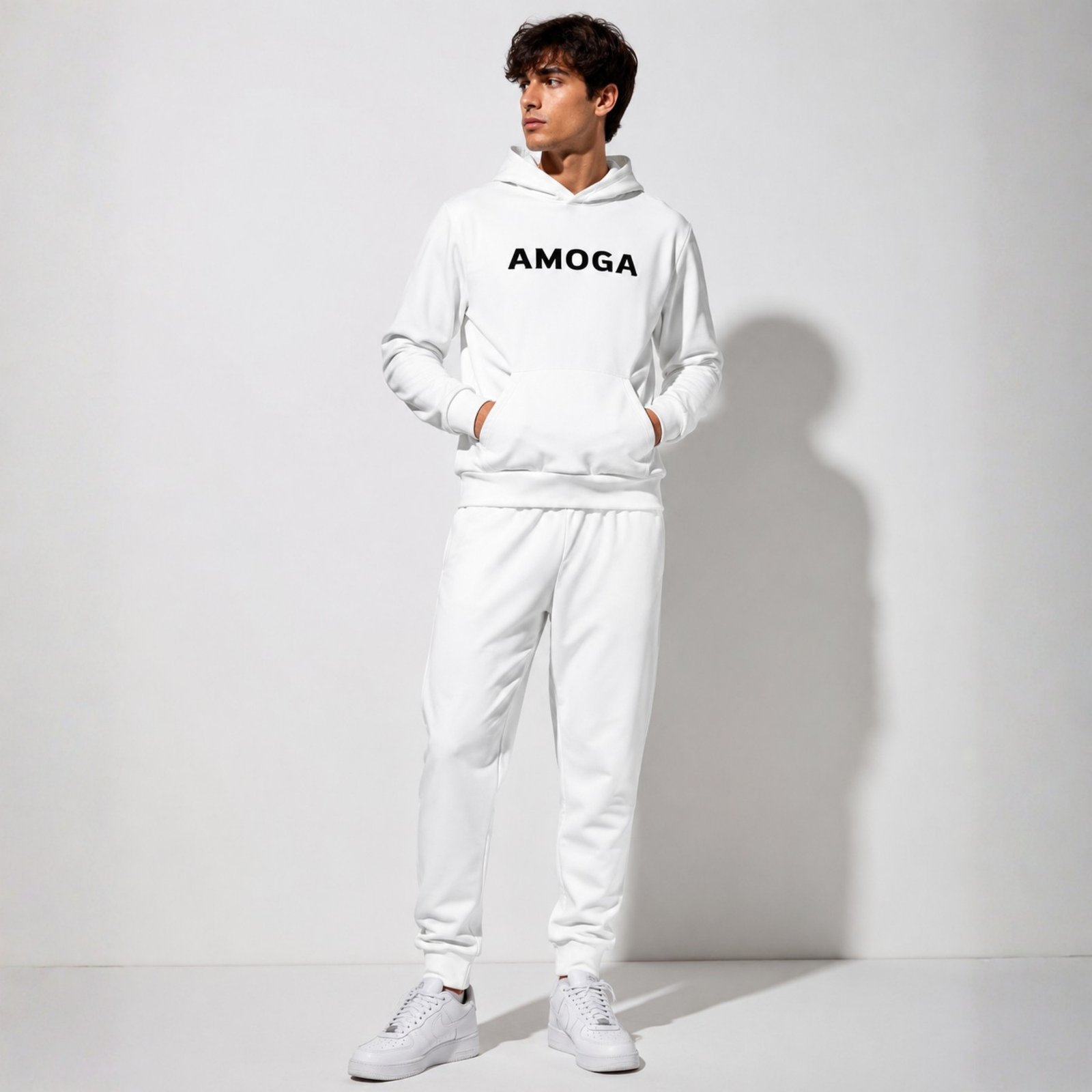 AMOGA white tracksuit set flat lay, hoodie and joggers