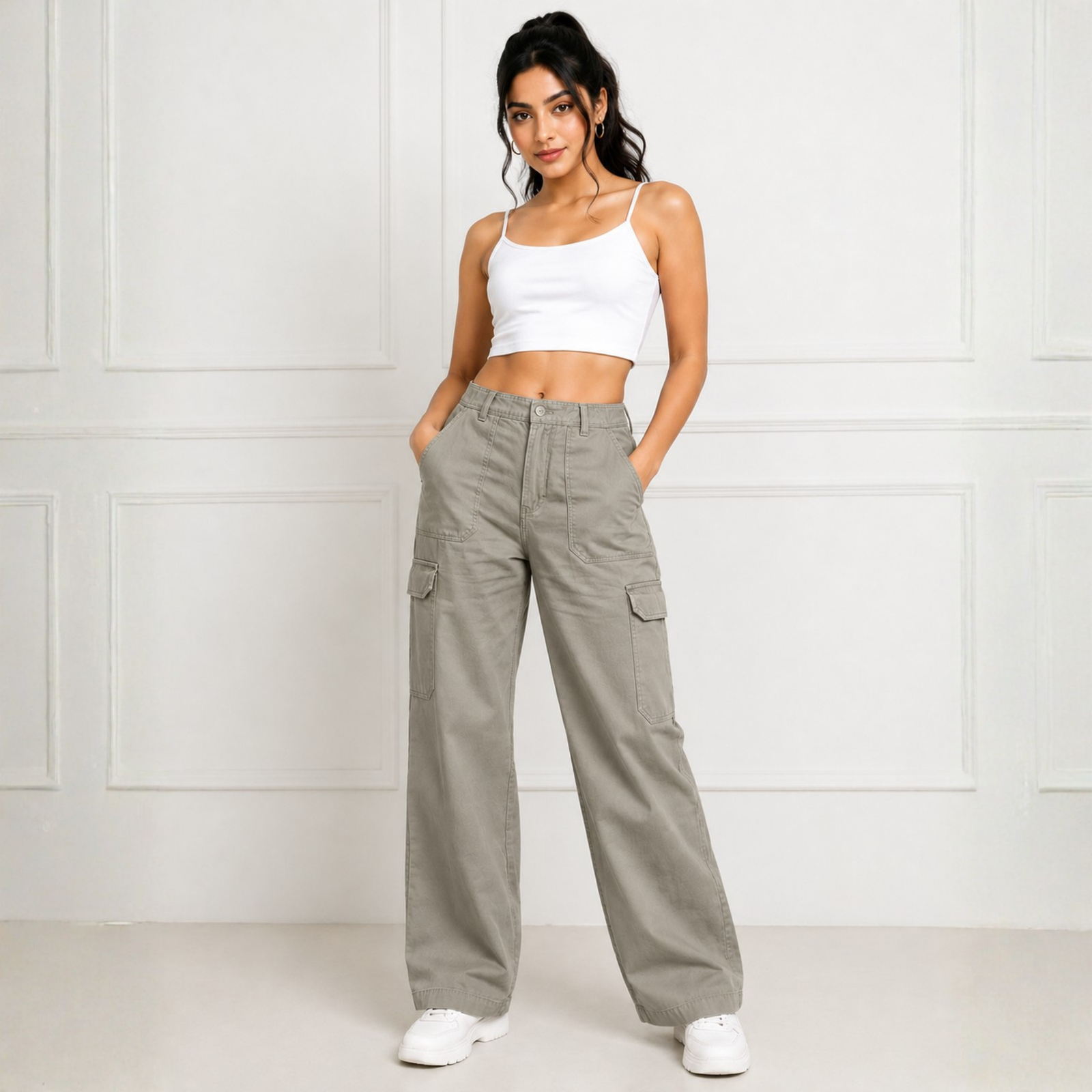 Women's Wide Leg Cargo Pants – Beige