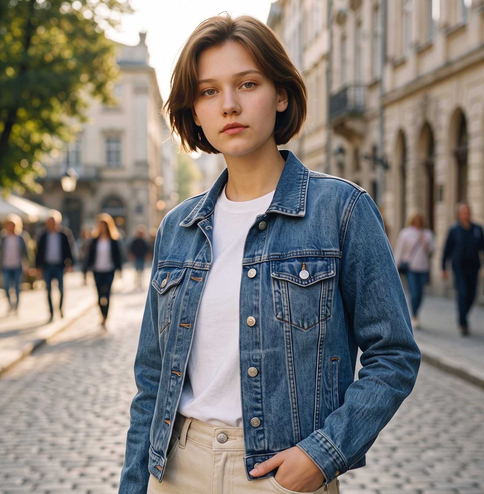 Amoga Fashions Women's Dark Wash Denim Jacket – Front View with Button Closure and Chest Pockets