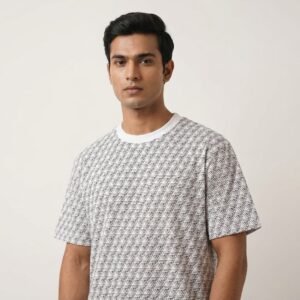 Shop the AMOGA white t-shirt with an all-over geometric print. Premium cotton, relaxed oversized fit, monochrome streetwear essential.