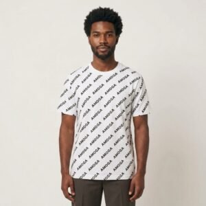 AMOGA white tee with a bold all-over repeating print. Relaxed regular fit in soft cotton — a confident monochrome streetwear staple.